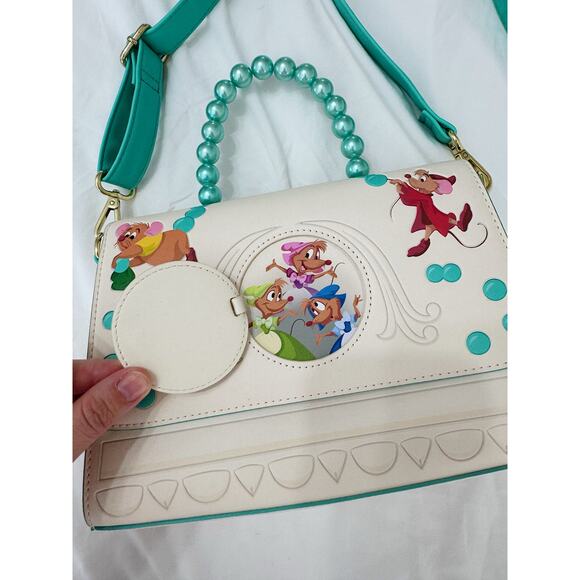 Loungefly Disney Cinderella Gus Gus & Jaq Bead Handle Crossbody Whimsical Purse - Picture 3 of 9